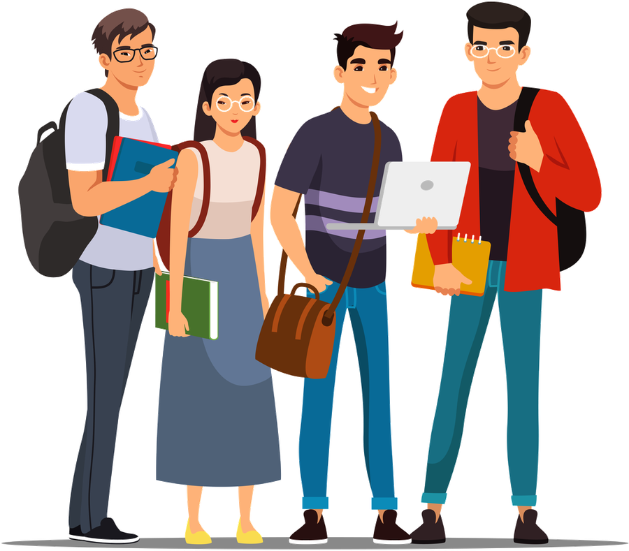 Four university students standing together, one holding an open laptop.